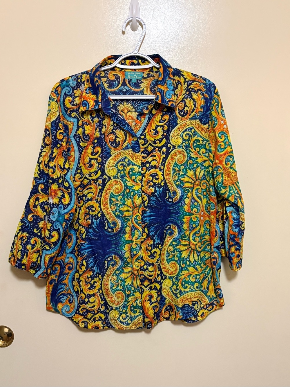 Vibrant Paisley Button-Down Shirt in Blue & Yellow - Women’s Classic Collar